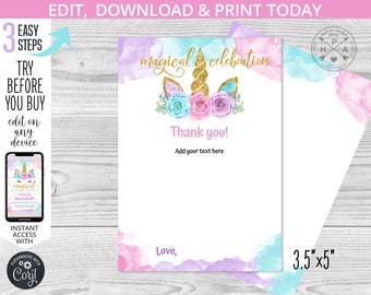 Unicorn thank you card thanks cards girl magical celebration birthday pink purple. Instant access to the editable template. 046HPA 46 B