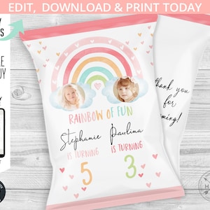 Rainbow joint birthday girls chips bag, pink purple pastel clouds chip pouch, any age sisters party wrapper, editable template. 182HPA 30 D