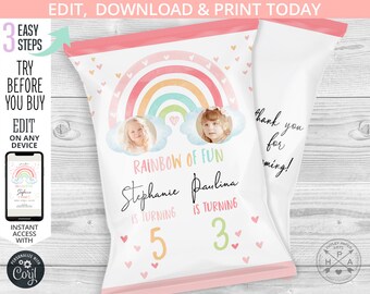 May include: Printable chip bag template featuring a rainbow with clouds and hearts. The text "Rainbow of Fun" is displayed with the names "Stephanie" and "Paulina" and their ages "5" and "3".