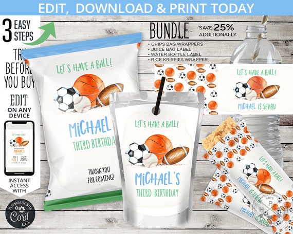 BUNDLE Let's have a ball party pack, chips bag, rice krispies, bottle labels, all stars balls sports games birthday. Editable. 204HPA 43 Il_570xn