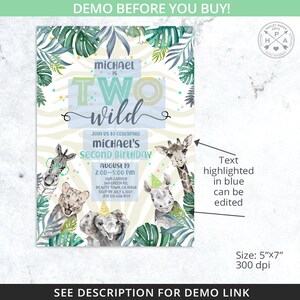 May include: A two-year-old birthday party invitation with a jungle theme. The invitation features watercolor illustrations of safari animals, green foliage, and the text "MICHAEL is TWO wild". The invitation is 5"x7".