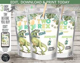 Etiqueta de dos bolsas de jugo de dinosaurio Rex, bolsas de jugo capri, etiqueta de recuerdo de fiesta de segundo cumpleaños de dino dino-mite. Editable imprimible. 141HPA 31A