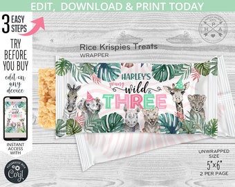 Safari tres krispies de arroz salvaje trata la etiqueta de envoltorio de los animales de la fiesta de la jungla, el tercer cumpleaños favorece la plantilla editable crujiente krispy 125HPA 37 C