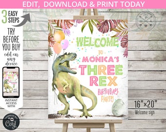 Dinosaur welcome sign three rex 16x20 poster 3rd third birthday. Dino party dinomite T-Rex entrance board. Editable printable. 137HPA 20 A