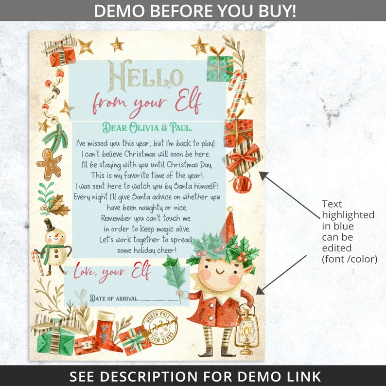 May include: A festive Christmas-themed letter from an elf, featuring a watercolor illustration of an elf holding a lantern. The letter includes the text "Hello from your Elf" and a message to Olivia & Paul, with decorative elements.