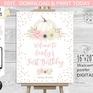 EDITABLE Pumpkin welcome sign birthday party poster 16&quot;x20&quot; guestbook board pink pastel boho flowers confetti. Editable template. 083HPA 16