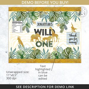 K&ouml;nnte beinhalten: Ein druckbares Party-Geschenk-Etikett mit Dschungel-Motiv. Das Etikett zeigt einen goldenen Glitzer-Hintergrund mit gr&uuml;nen Bl&auml;ttern, einem Zebra-Muster und goldenen Tier-Silhouetten. Der Text "Jonathan's Wild One" ist in Schwarz mit einem goldenen Glitzer-Umrandung. Das Etikett enth&auml;lt auch den Text "thank you for coming!" in einem wei&szlig;en Kasten mit einem goldenen Glitzer-Umrandung.