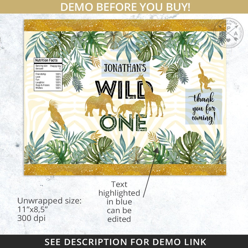 K&ouml;nnte beinhalten: Ein druckbares Party-Geschenk-Etikett mit Dschungel-Motiv. Das Etikett zeigt einen goldenen Glitzer-Hintergrund mit gr&uuml;nen Bl&auml;ttern, einem Zebra-Muster und goldenen Tier-Silhouetten. Der Text "Jonathan's Wild One" ist in Schwarz mit einem goldenen Glitzer-Umrandung. Das Etikett enth&auml;lt auch den Text "thank you for coming!" in einem wei&szlig;en Kasten mit einem goldenen Glitzer-Umrandung.