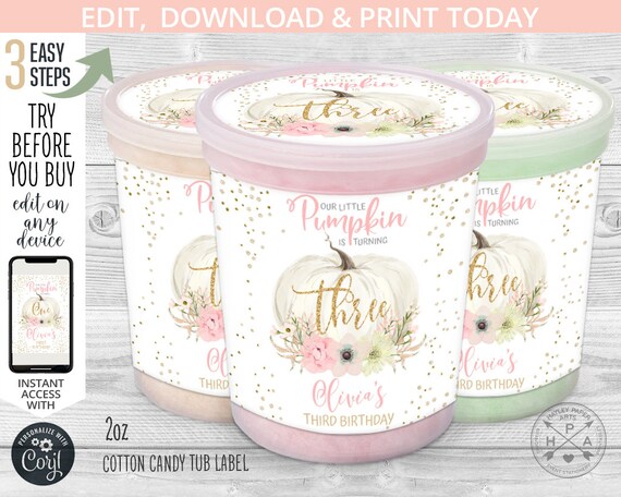 Pumpkin cotton candy tub label, plastic container, pink pastel gold birthday labels, third THREE any age party. Online template. 083HPA 62 C Il_570xn