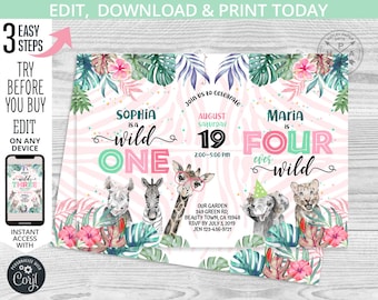 Safari joint party Wild girl ONE girl FOUR birthday invitation first 1st 4th jungle sisters animals greenery. Editable printable. 125HPA 28