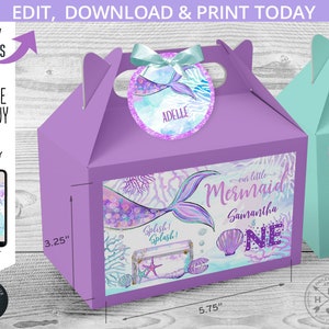 Mermaid birthday ONE gable gift box labels and name tags. Purple glitter tail handle favor takeway label. Editable printables. 198HPA 28 C