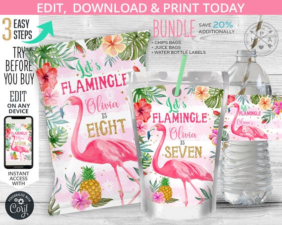 BUNDLE Flamingo chips bag, juice bags, water bottle labels, snacks treat chips pouch, wrapper, any age birthday. Editable template 044HPA 21 Il_570xn