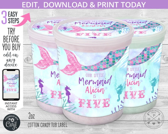 Mermaid tail cotton candy tub label, plastic container, birthday under the sea labels, any age party. Digital. Online template. 060HPA 26 B Il_570xn