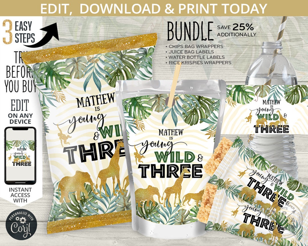 BUNDLE Jungle Three Wild Chips Bag, Juice Bags Labels, Safari Rice ...