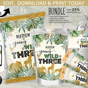 BUNDLE Jungle Three Wild chips bag, juice bags labels, safari rice krispies wrappers, treats pouch 3rd birthday. Online template. 040HPA 46