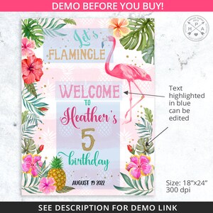 May include: A pink flamingo with a welcome sign for Heather's 5th birthday party. The sign has a tropical theme with pineapples, flowers, and green leaves. The text on the sign says "Let's Flamingle" and "Welcome to Heather's 5th birthday August 19, 2022".