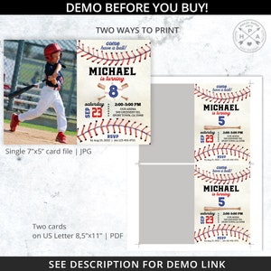 Pu&ograve; includere: Invito a una festa di compleanno a tema baseball con un design a punto di baseball rosso, bianco e blu. L'invito dice "Vieni a giocare a palla! Michael compie 8 anni" e include la data, l'ora e il luogo della festa. L'invito &egrave; disponibile come una singola carta da 7x5 pollici o due carte su un foglio di formato lettera US.