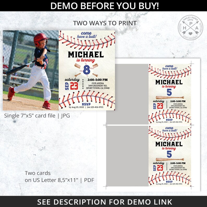 Pu&ograve; includere: Invito a una festa di compleanno a tema baseball con un design a punto di baseball rosso, bianco e blu. L'invito dice "Vieni a giocare a palla! Michael compie 8 anni" e include la data, l'ora e il luogo della festa. L'invito &egrave; disponibile come una singola carta da 7x5 pollici o due carte su un foglio di formato lettera US.