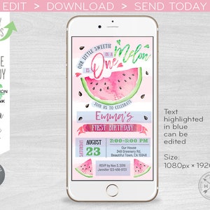 Watermelon one in a melon electronic first birthday invitation smartphone e-vite pink digital invite. Instant download. E050 01 050HPA image 2