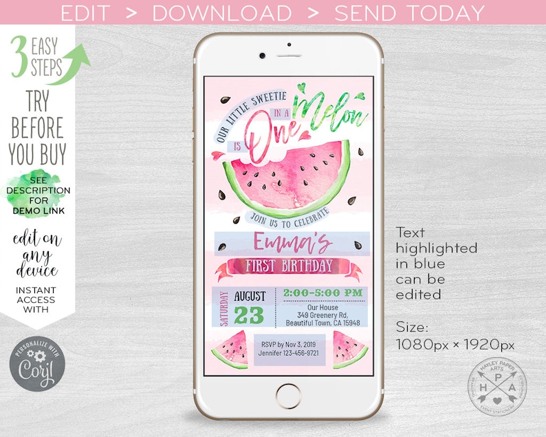 Watermelon one in a melon electronic first birthday invitation smartphone e-vite pink digital invite. Instant download. E050 01 050HPA image 2