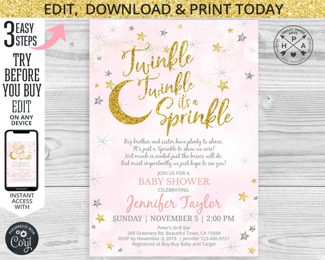 EDITABLE Twinkle It's a Sprinkle Baby Shower Poem Gold Pink Script ...