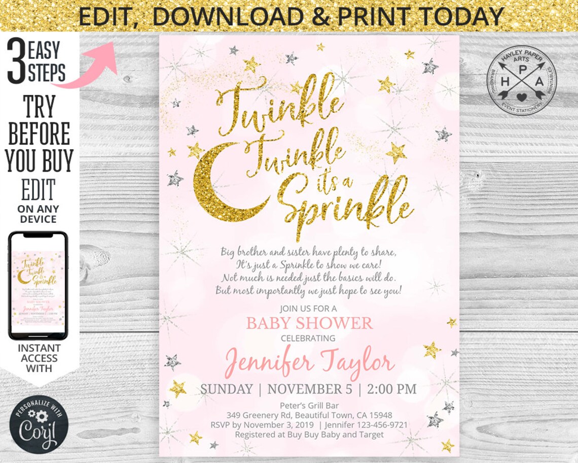 EDITABLE Twinkle It's a Sprinkle Baby Shower Poem Gold Etsy