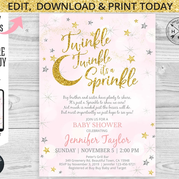 EDITABLE Twinkle it's a sprinkle baby shower poem gold pink script invitation. Instant access to the template. Customized by you. 019HPA 03