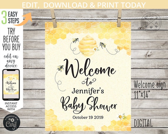 Bee welcome table sign 11x14 baby honey bumble bee hive gender reveal yellow shower bee-day guestbook poster. Editable template. 049HPA 07 Il_570xn