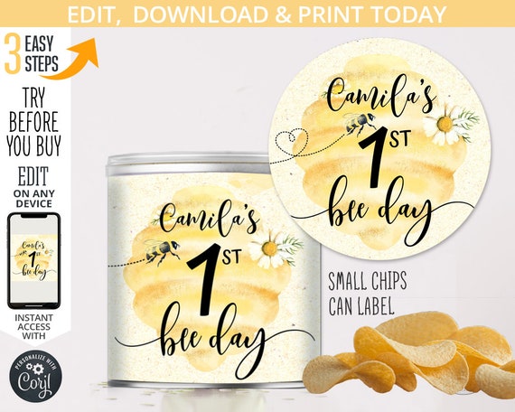 Bee mini chips can label wrapper cover bumble hive bee-day birthday snacks party favor. Editable template. Instant download. 059HPA 35 C Il_570xn