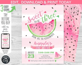 Watermelon birthday invitation sweet to be three melon pink third 3rd b-day girl summer party invite invitations Editable template 050HPA 06