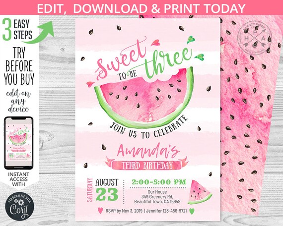 Watermelon Birthday Invitation Sweet To Be Three Melon Pink Etsy