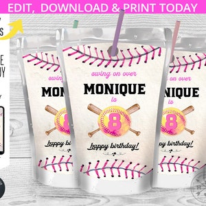Softball Saftbeutel Etikett, Saftbeutel Etikett, Sportsaftbeutel, Geburtstagskind jedes Alter Partydekoration. Bearbeitbarer Download. 179HPA 31 B