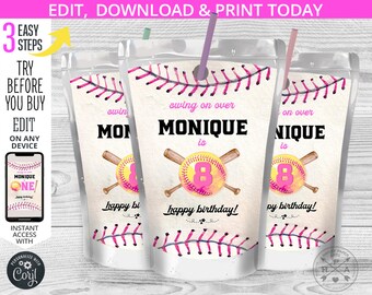 Softball juice bag label, juice bag label, sports juice pouch, any age birthday girl party decoration. Editable download. 179HPA 31 B