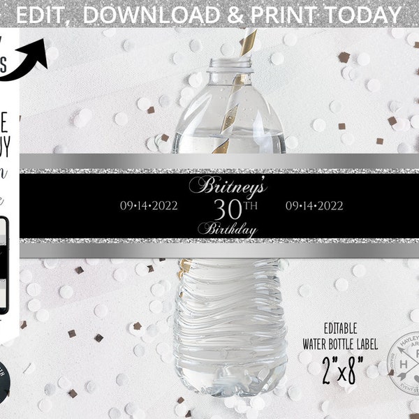 Water bottle label, black and silver glitter winter script minimalistic. Anniversary, jubilee birthday party. Editable template. 202HPA 12 C