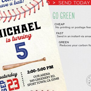 Op de afbeelding: Een baseball-thema verjaardagsuitnodiging met een rode, witte en blauwe baseball-afbeelding, de tekst "MICHAEL wordt 5" en de datum "zaterdag 23 september". De uitnodiging bevat ook de tijd "14:00-17:00 uur" en de locatie "OUR ARENA 349 GREENERY RD, SPORT TOWN, CA 15948".