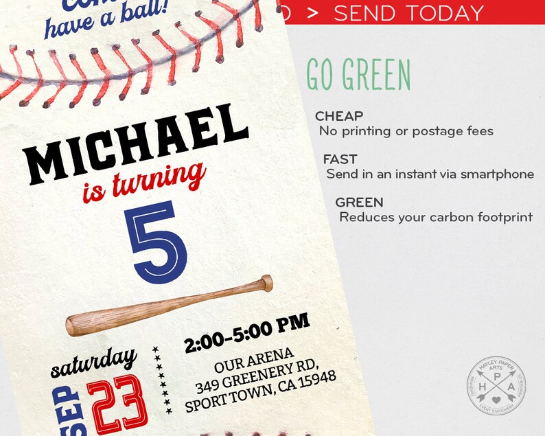Op de afbeelding: Een baseball-thema verjaardagsuitnodiging met een rode, witte en blauwe baseball-afbeelding, de tekst "MICHAEL wordt 5" en de datum "zaterdag 23 september". De uitnodiging bevat ook de tijd "14:00-17:00 uur" en de locatie "OUR ARENA 349 GREENERY RD, SPORT TOWN, CA 15948".