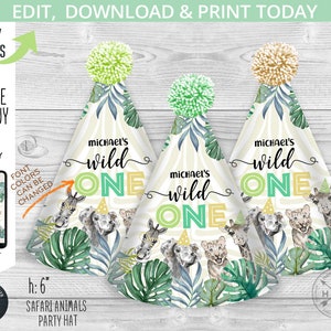 Safari party hat template animals wild one first birthday jungle celebration party DIY supplies. Editable personalized printable 124HPA 58 A image 1