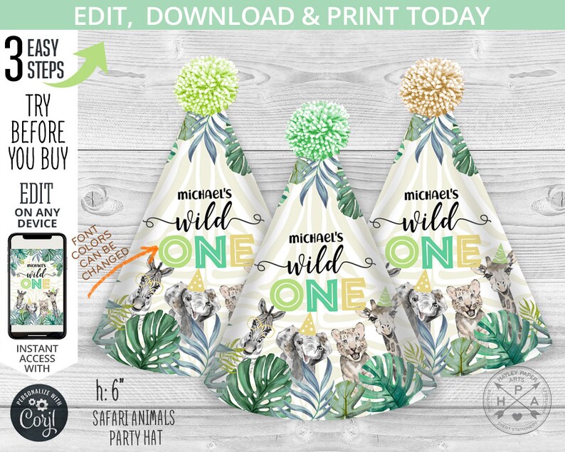 Safari party hat template animals wild one first birthday jungle celebration party DIY supplies. Editable personalized printable 124HPA 58 A image 1