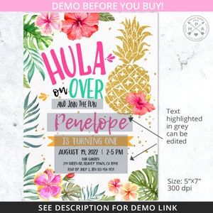 Inbjudan till födelsedag med hawaiiansk ananas och tropisk luau, inbjudan till fiesta och poolparty, oavsett ålder. Direktåtkomst till redigerbar mall. 187HPA 01 bild 3