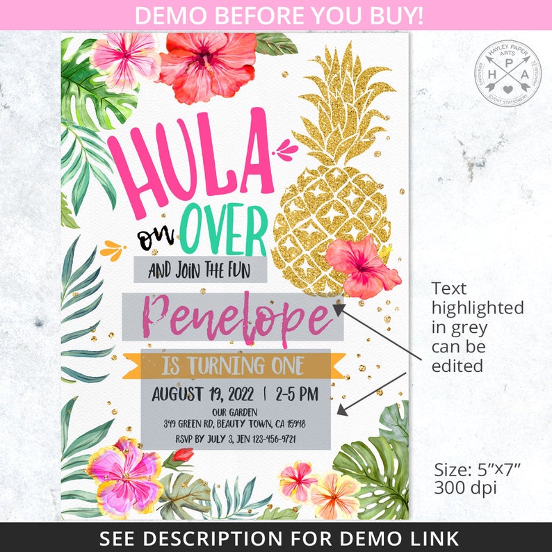 Inbjudan till födelsedag med hawaiiansk ananas och tropisk luau, inbjudan till fiesta och poolparty, oavsett ålder. Direktåtkomst till redigerbar mall. 187HPA 01 bild 3