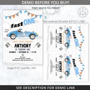 May include: A blue and white race car birthday invitation with the text "fast ONE" and "Anthony is turning one". The invitation includes a checkered flag, a tire track pattern, and the text "Start your engines!"