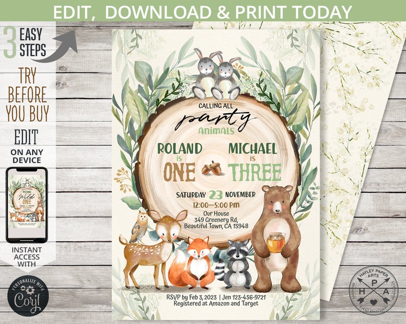 May include: A woodland-themed birthday invitation with a brown wooden circle background. The text reads "Calling all party animals Roland is One Michael is Three" with a date of Saturday, November 23rd. The invitation features a variety of woodland animals including a deer, fox, raccoon, and bear.