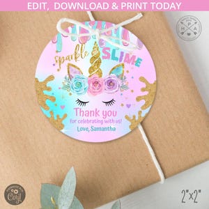 Etiqueta mágica de unicórnio slime, 2x2, círculo, para festa de aniversário, para meninas de qualquer idade, roxa e rosa, com etiqueta de agradecimento. Modelo editável e imprimível. 047HPA 11 B