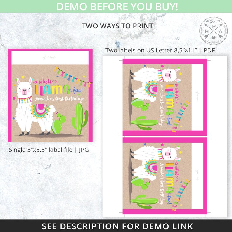 Peut inclure: Une invitation de f&ecirc;te avec un lama blanc aux accents color&eacute;s, un cactus et le texte "a whole Llama fun! Amanda's first birthday." Le design est disponible en fichier &eacute;tiquette unique de 12,7 cm x 14 cm ou deux &eacute;tiquettes PDF A4.