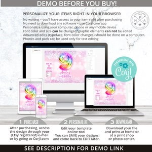 May include: A digital mockup of a printable design for a birthday party. The design features a rainbow-colored number nine with glitter and the text "Amelia's 9th birthday". The design is shown on a computer screen, a tablet, and a smartphone. The text "Personalize with Corjl" is also visible.