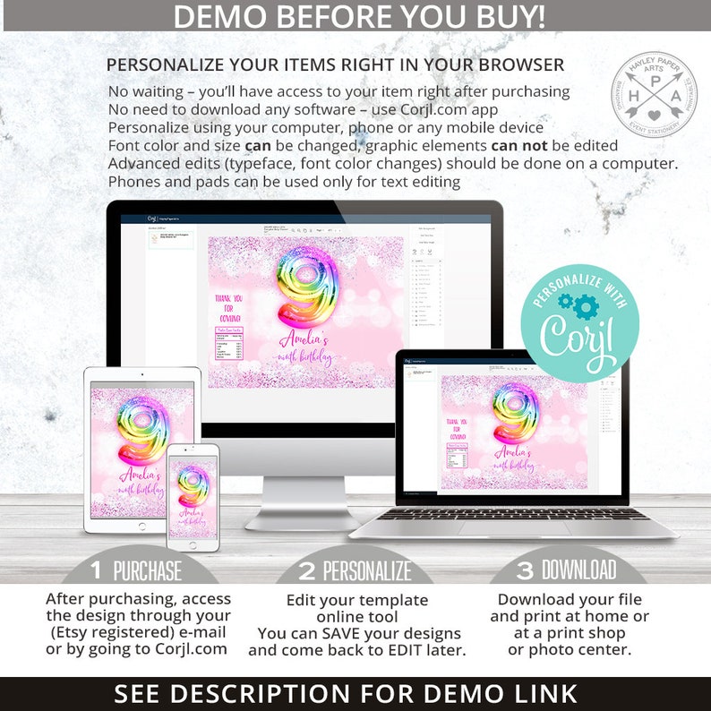 May include: A digital mockup of a printable design for a birthday party. The design features a rainbow-colored number nine with glitter and the text "Amelia's 9th birthday". The design is shown on a computer screen, a tablet, and a smartphone. The text "Personalize with Corjl" is also visible.