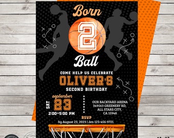 Basketball invitation born 2 ball all stars boy second birthday TWO 2nd invite ball games time activities party. Editable design. 252HPA 04