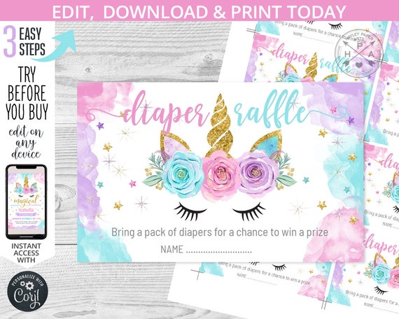 Unicorn baby shower magical celebration diaper raffle card. Pink purple lilac turquoise, stars. Self EDITABLE card template. 056HPA A Il_570xn
