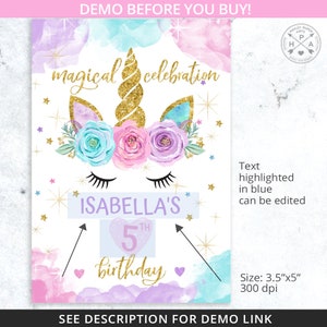 May include: A printable unicorn-themed birthday sign with a pink, blue, and purple watercolor background. The sign features a unicorn face with a gold horn, flowers, and the text "magical celebration". The sign also includes the name "ISABELLA'S" and the age "5TH" with the word "birthday" below. The sign is 3.5 inches by 5 inches and 300 dpi.