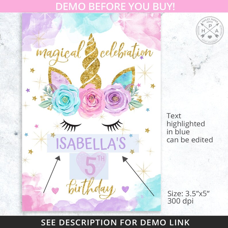 May include: A printable unicorn-themed birthday sign with a pink, blue, and purple watercolor background. The sign features a unicorn face with a gold horn, flowers, and the text "magical celebration". The sign also includes the name "ISABELLA'S" and the age "5TH" with the word "birthday" below. The sign is 3.5 inches by 5 inches and 300 dpi.